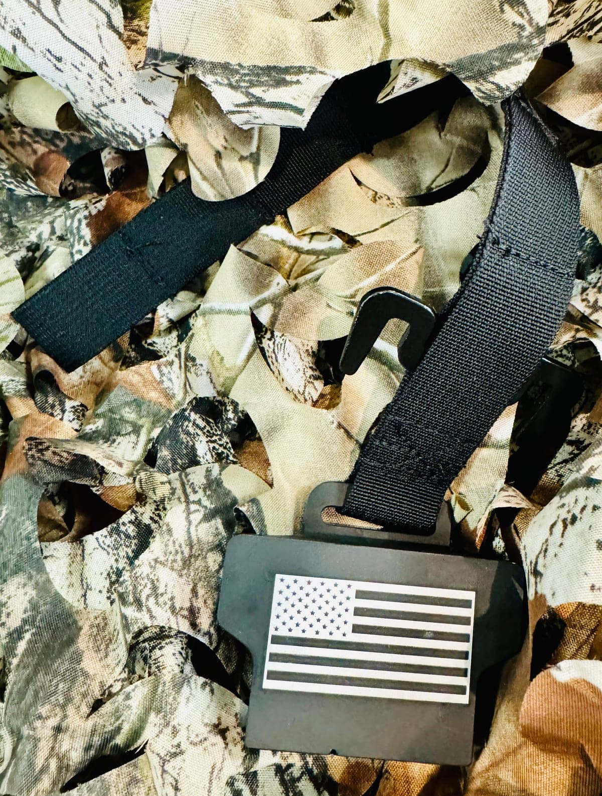 Tactical Shield Hook with American flag — black variant on camo