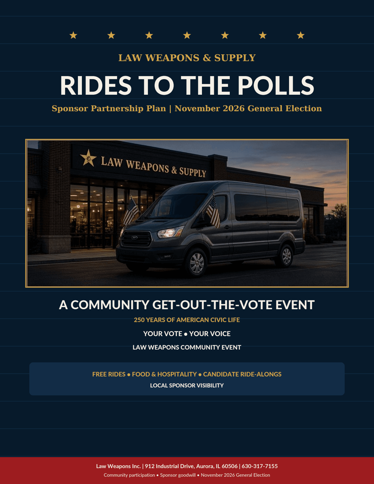 Law Weapons Rides to the Polls 2026 — free community van rides for early voting. Event days: Sat Oct 24, Sat Oct 31, Sun Nov 1, Mon Nov 2. Call 630-317-7155 to reserve a seat.
